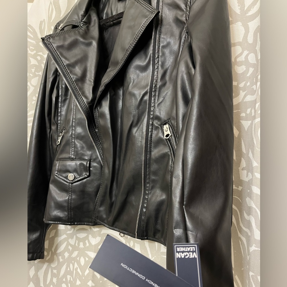 French Connection Black Leather Moto Jacket Asymmetrical Zipper - Picture 6 of 7